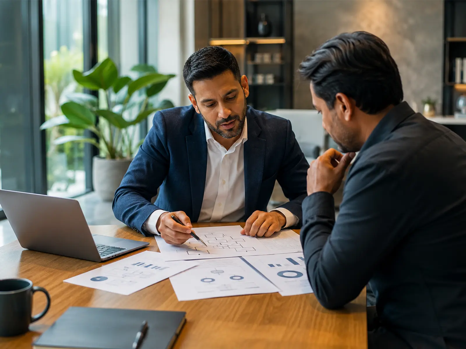 Business consultant helping a small business owner improve workflows and operations.